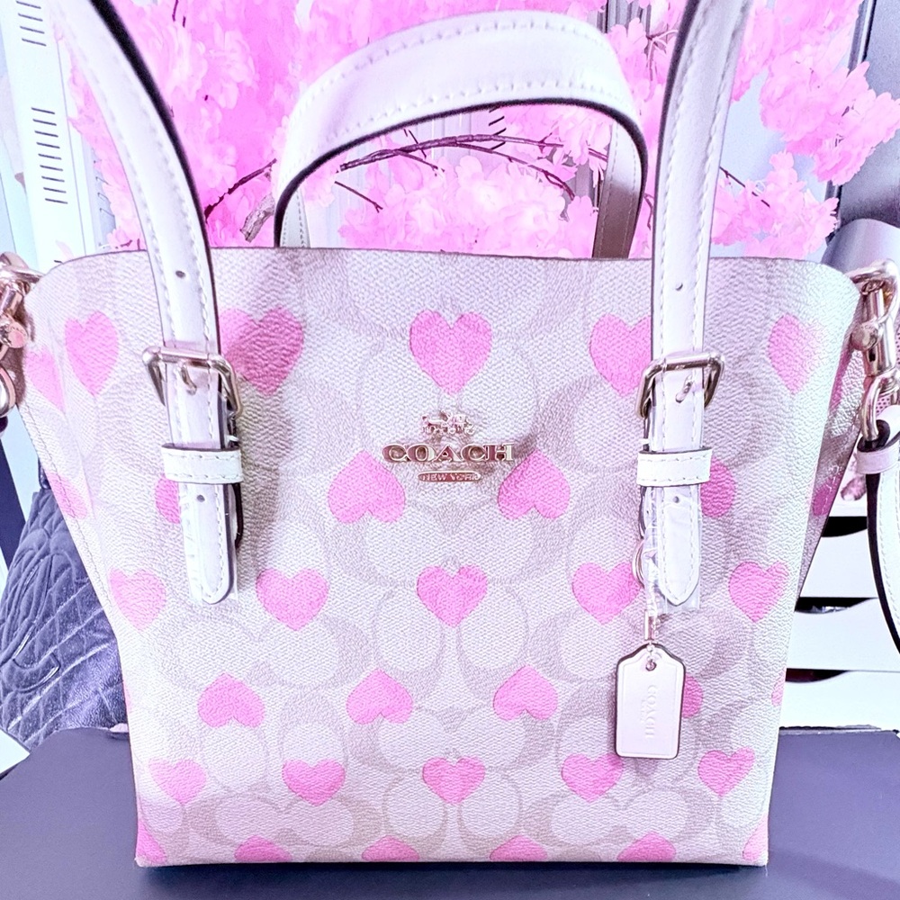 Coach Cream and Pink Heart Tote Bag
